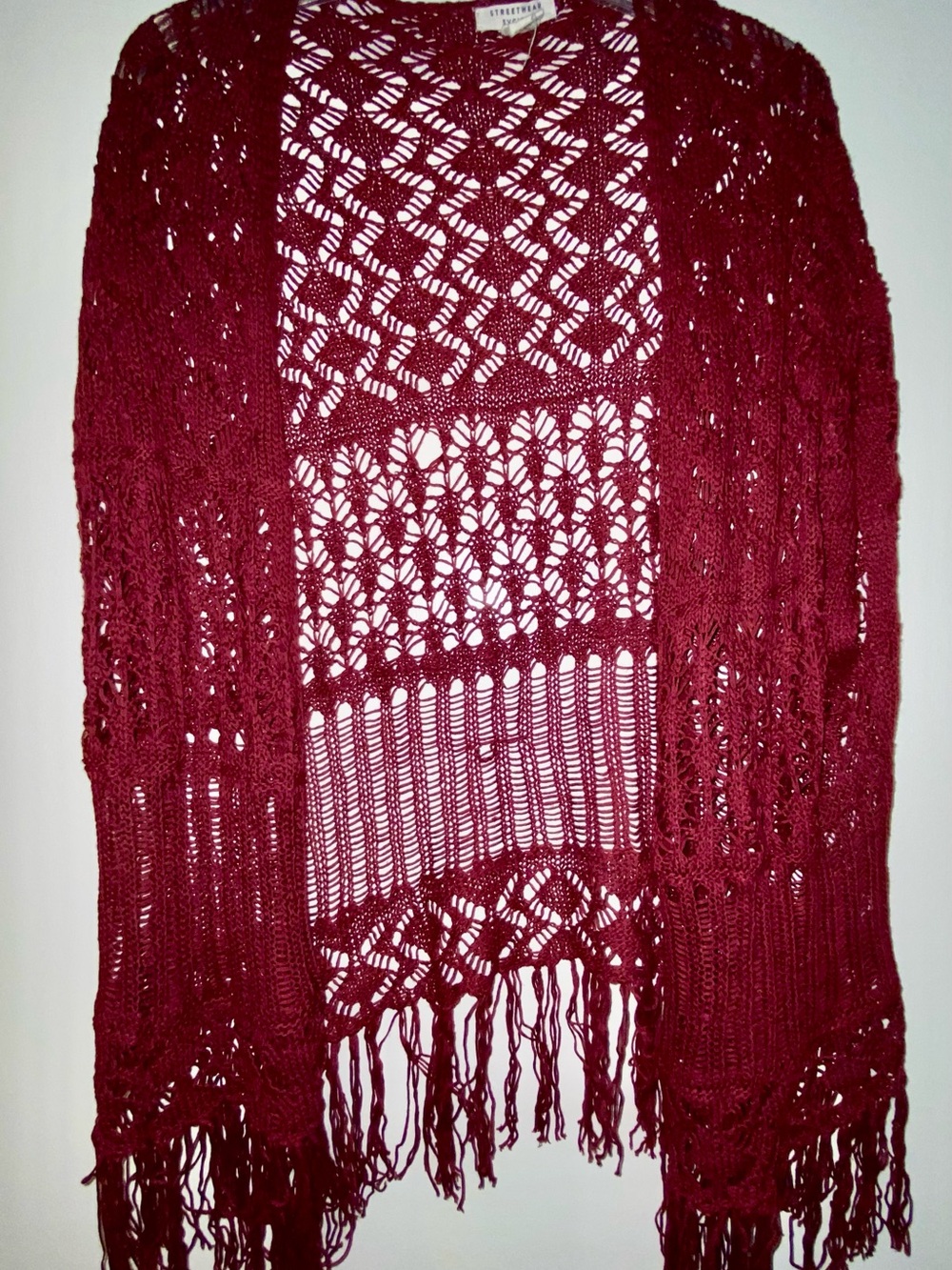 Open Knit Fringe Cardigan Short Sleeve Sweater - Burgundy
